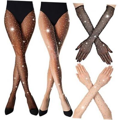 4 Pairs Rhinestone Fishnet Long Gloves Fishnet Stockings Set Black, Beige