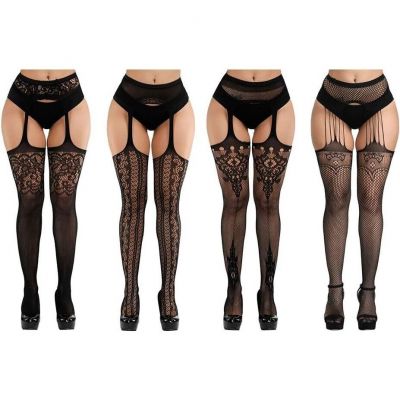 Chein Womens Fishnet Tights Suspender Pantyhose Thigh-High Stockings Black 4 Pai