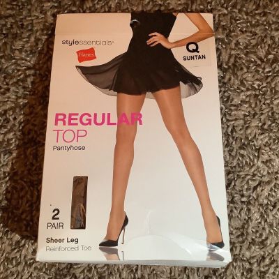 2 pairs - Hanes style essentials regular top pantyhose, color suntan, size: Q