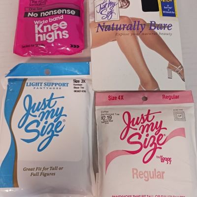 Vintage Lot of 3 Just My Size Pantyhose & Bonus Knee Highs - 3X/4X