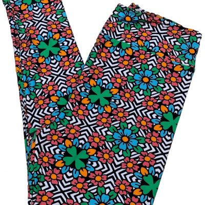 LuLaRoe Womens Leggings Size TC2 Black Shamrocks Clovers Floral Plus 18+ NWT