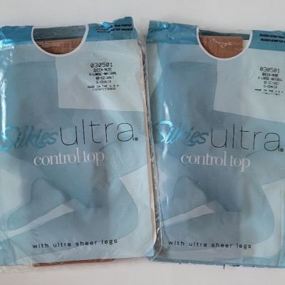 2 Silkies Ultra Control Top Pantyhose Nude XL QUEEN Sheer Legs NEW NOS 2004 USA