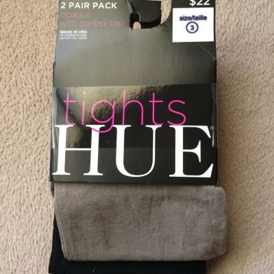 Hue sz 3  Two Pairs Putty/Black Opaque Control Top 40 Denier Tights #U5987 NWT