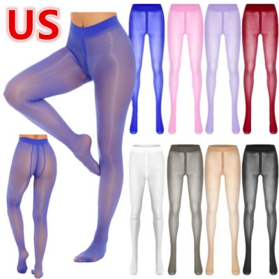 US Women Glossy Ultra Thin Footed Pantyhose Zipper Crotch Tights Bodystocking