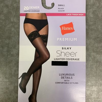 Hanes Black 20 Denier Silky Sheer Lace Thigh High Pantyhose Women's Size S NEW *