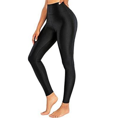 Women's High Waisted Yoga Pants Tummy Control Shiny Sports Tights Large Black