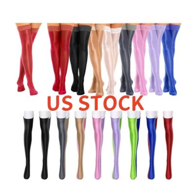 US Women's Thigh High Smooth Stockings Anti-skid Solid Color Lace Trim Socks