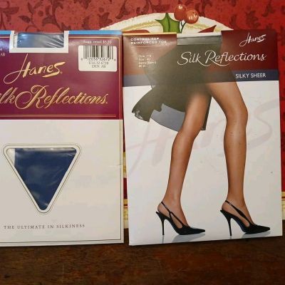 VTG. 2 PAIRS Hanes Silk Reflections Pantyhose Size AB Denim + Barely Black -NEW