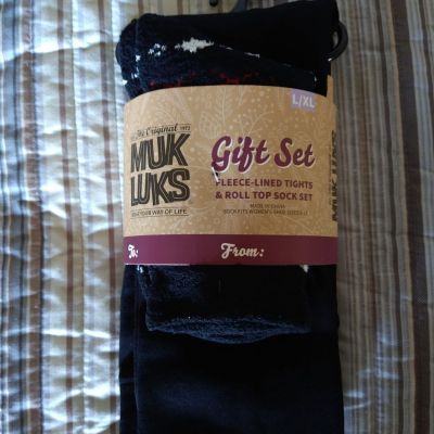 NWT Muk Luks Fleece-Lined Gift Set Tights & Sock Set  L/XL Black FREE SHIPPING