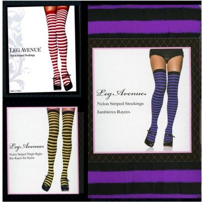 Thigh High Striped Stockings Nylon Red Wht Blk Pur Ylo Adult Reg Leg Avenue 6005