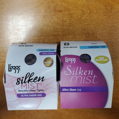 2Pk Leggs Silken Mist Ultra Sheer Control Top Size B Sun Beige Pantyhose 13E1901