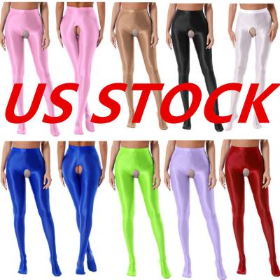 US Women Open Crotch Glossy Pantyhose High Waist Fishnet Hollow Out Tights Pants