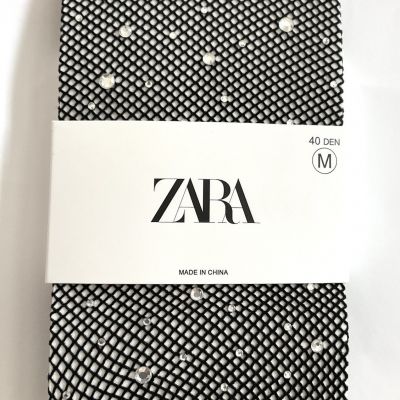 ZARA Black Rhinestones Fishnet Tights Size USA M Medium 40 Den NEW