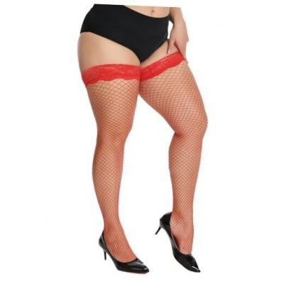 Women's Plus Size Fishnet Thigh High Stockings 3X-Large-4X-Large Plus Red