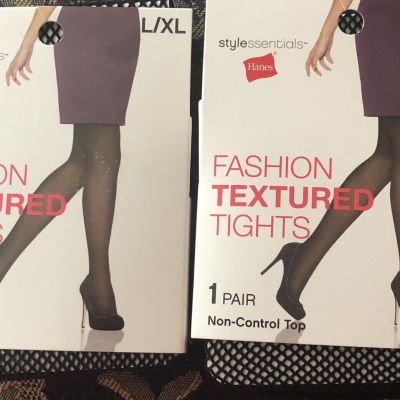 Hanes Style Essentials Fashion Textured Tights Fishnet Black 2 Pair Size L/XL