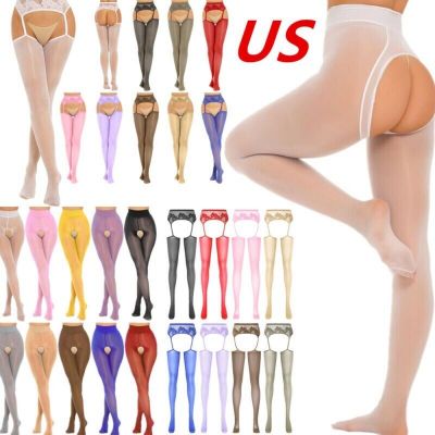 US Women Pantyhose Glossy Sheer Hollow Out High Waist Tights Stockings Hosiery