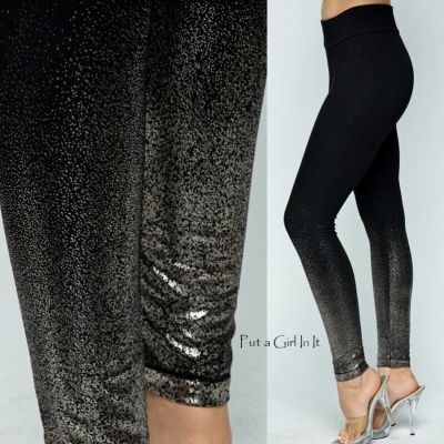 New VOCAL Womens PLUS SIZE SOFT BLACK SILVER FOIL STRETCH LEGGINGS 1X 2X 3X TRUE