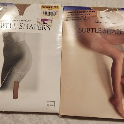 2 pr NIP JC Penny Subtle Shapers Sheer caress Pantyhose Queen Short Oatmeal