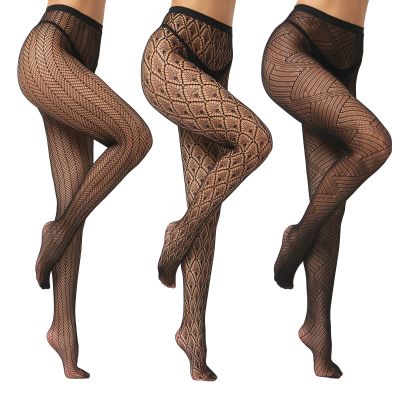 High Waist Fishnet Tights, Thigh High Suspender Stockings (AST3P-B, LXL)