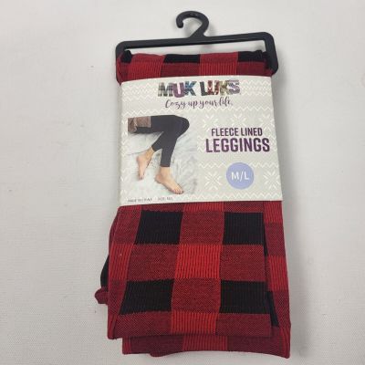 MUUK LUKS Fleece Lined Leggings Size Medium/Large Red/Black Plaid