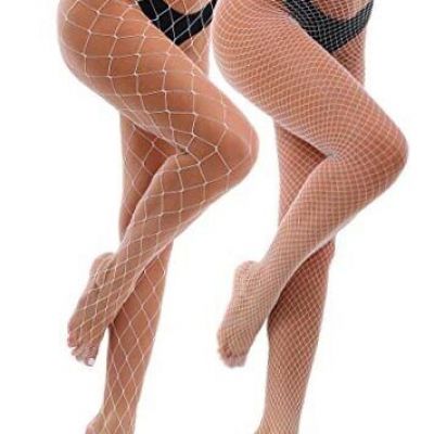 2 Style Mesh Fishnet Stockings Tights High One Size Large & Middle Mesh-white