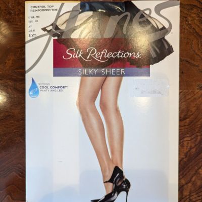 Hanes Silk Reflections Control Top & RT Silky Sheer Pantyhose Jet  CD  Up To 6'