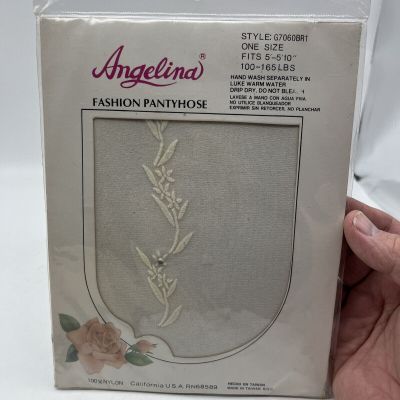 Angelina Fashion Pantyhose Floral Back Seam With Rhinestone Vtg White G7060BR1