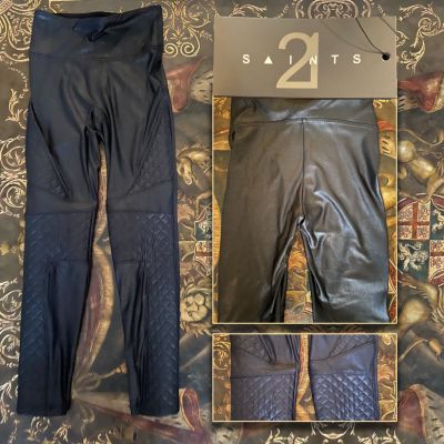 21 Saints Black Faux Leather Shiny Moto leggings Quilted Stretch Pant Size Small