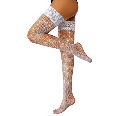 Women's Thigh High Stockings Rhinestone Fishnet Elastic Stockings Big Fish Ne...