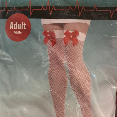 Nurse Fishnet Thigh High Stockings Red Satin Bow White Cross Costume