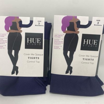 (2 Pack)Hue Studio Women's 90D Opaque Control Top Tights -Blackberry (Size 3)