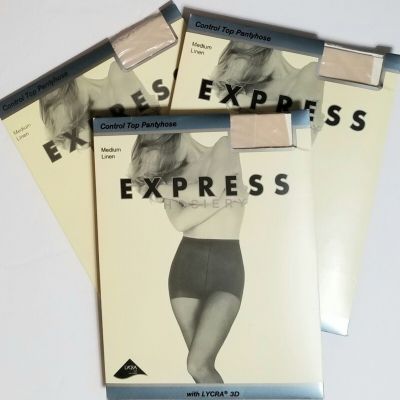 Lot of 3 LYCRA 3D Express Hosiery Size Medium Linen Color Control Top Pantyhose