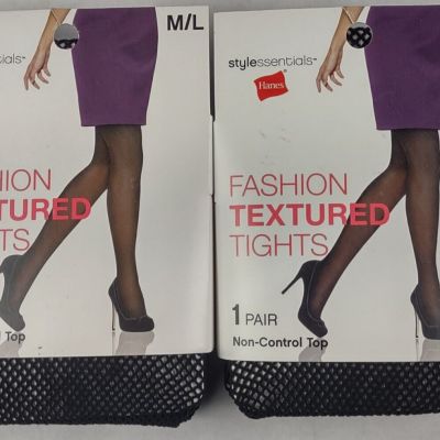 Quantity of 2 Hanes Fashion Fishnet Textured Tights Non-Control Black Size M / L