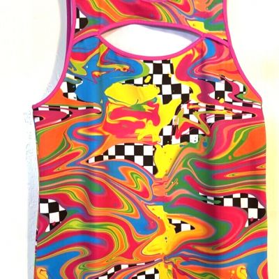 NWOT Brittany Allen MED Peloton Checkered Swirl top Large Funky Multicolor Race