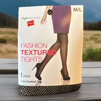 Fishnet Stockings Textured Tights Black 1 Pair Medium / Large Hanes {MM}