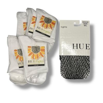 Huetopia Roll Top Shortie Socks 5 Pair White With Hue Wool Boucle Tights M/ L