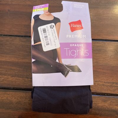 Hanes Premium Opaque Tights Size Medium Black Pantyhose Shaping Panty 2 Pair