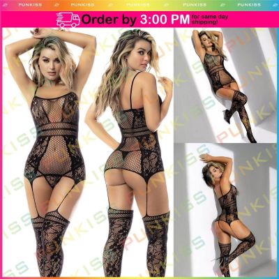 Lingerie Bodystocking Floral Fishnet Bodice Garters Thigh High Stockings Women's