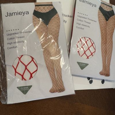 2 Pair Brand New RED FISHNET TIGHTS Stretch PANTYHOSE One Size Dance Costume