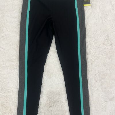 XERSION Black Leggings w/Aqua & Gray Stripe, Large, Mid-rise, Fitted Hips/thighs