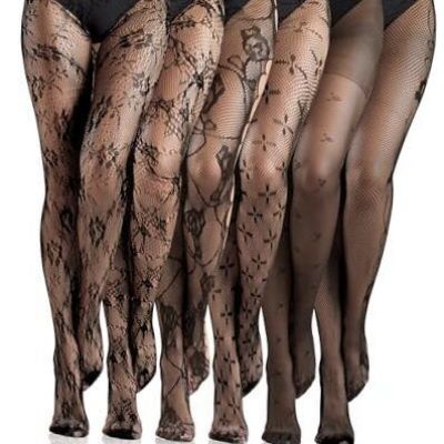 6 Pairs Women Fishnet Thigh High Stockings Waist Tights One Size Floral Black