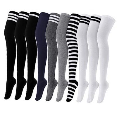 Panitay 10 Pairs Over Knee Thigh High Socks Striped Thigh High Stocking for