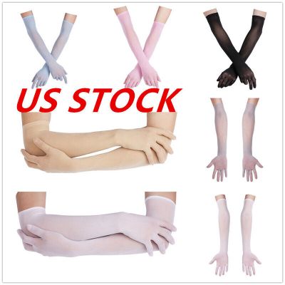 US Lady See Through Full Finger Sun Protection Long Gloves Slip-on Opera Mittens