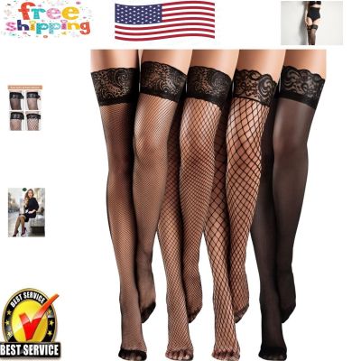 4 Pairs Fishnet Thigh High Stockings with Elastic Silicone Lace Top - Medium