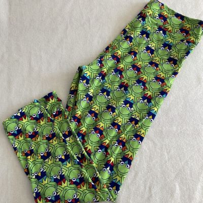 LuLaRoe Stretch Pull on Kermit the Frog Green Leggings Sizes 12-18 Tall Curvy