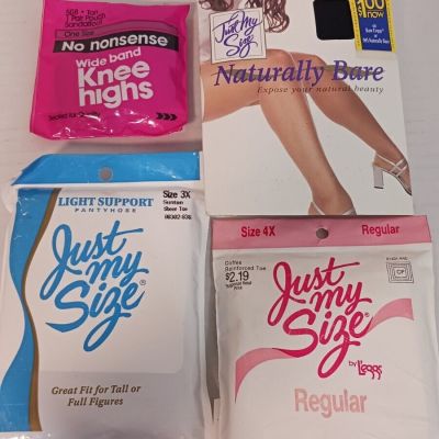 Vintage Lot of 3 Just My Size Pantyhose & Bonus Knee Highs - 3X/4X