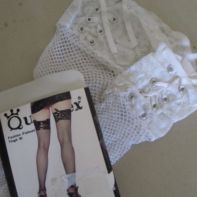 The Art Of Stockings Fashion Fishnet Lace Up Thigh Highs White