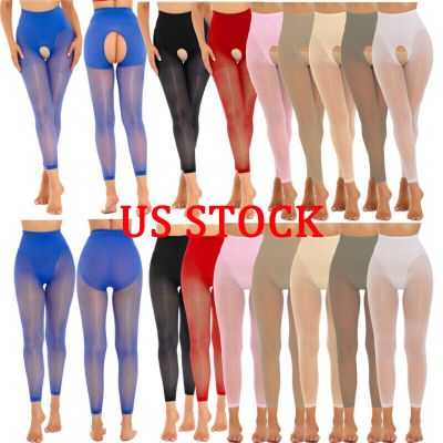 Womens Sheer Mesh High-Waist Crotchless Leggings Yoga Workout Party Club Pants