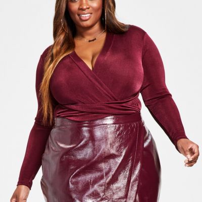 Nina Parker Trendy Plus Size Crossover Bodysuit - Burgundy 2X