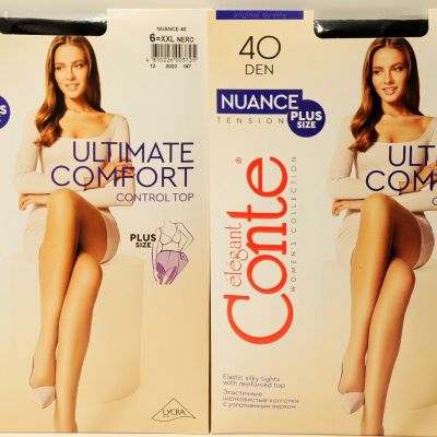 Conte Nuance 40 Denier Silky Sheer Plus size Pantyhose 2 pairs size 6 Nero